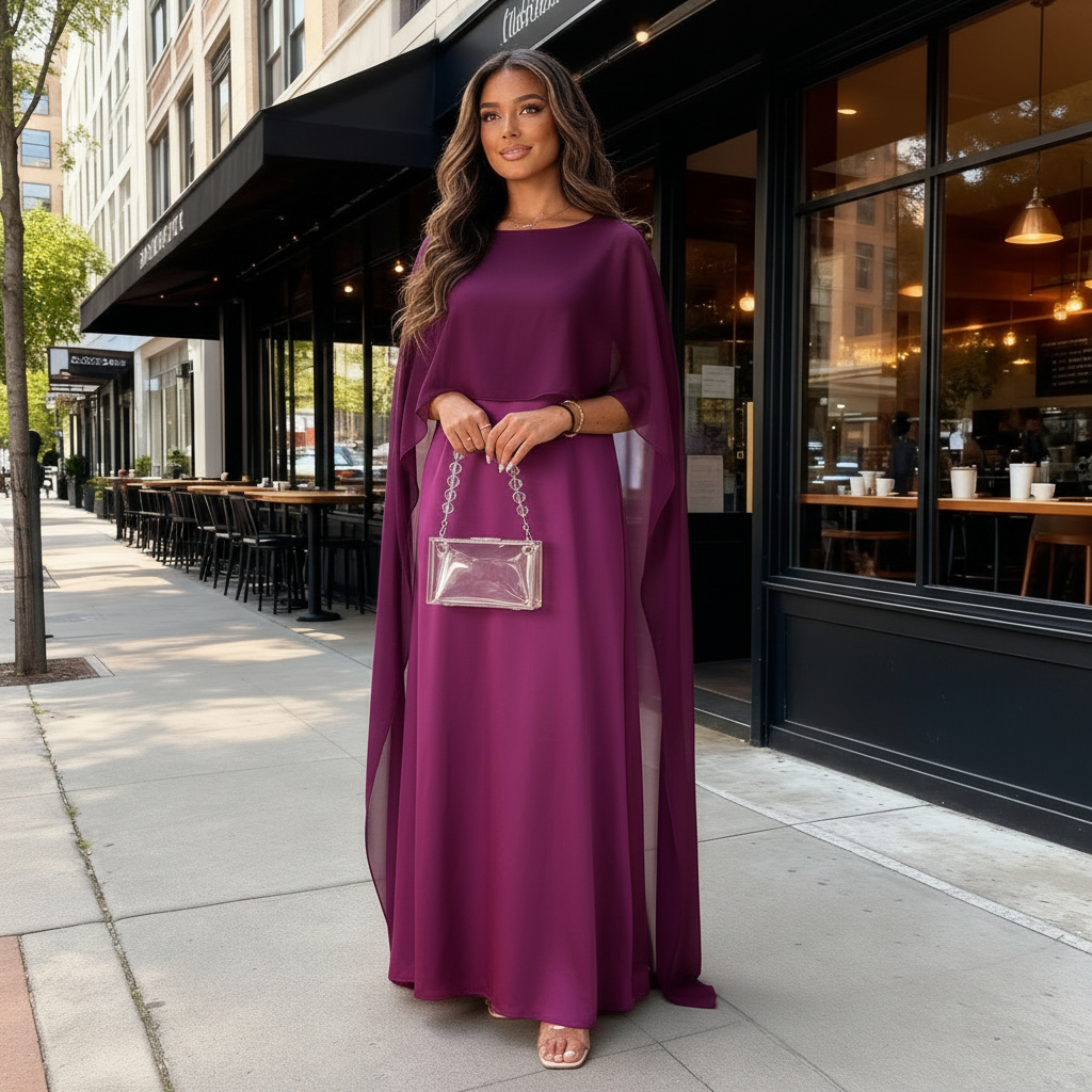 Damen Maxikleid mit Cape-Overlay - Drapiert & im Seidigen-Stil