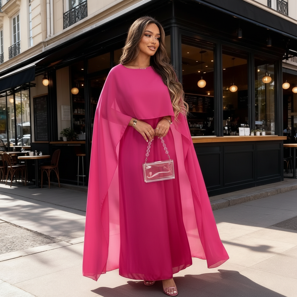 Damen Maxikleid mit Cape-Overlay - Drapiert & im Seidigen-Stil