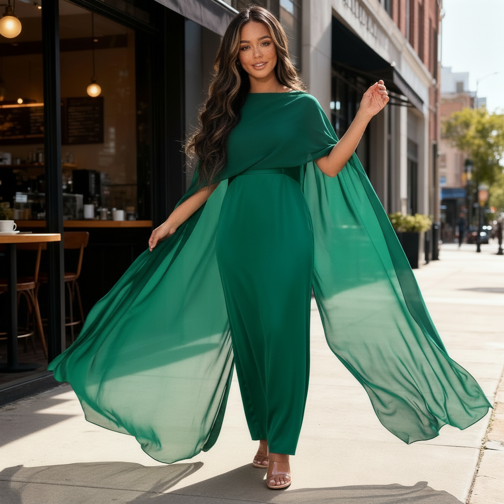 Damen Maxikleid mit Cape-Overlay - Drapiert & im Seidigen-Stil