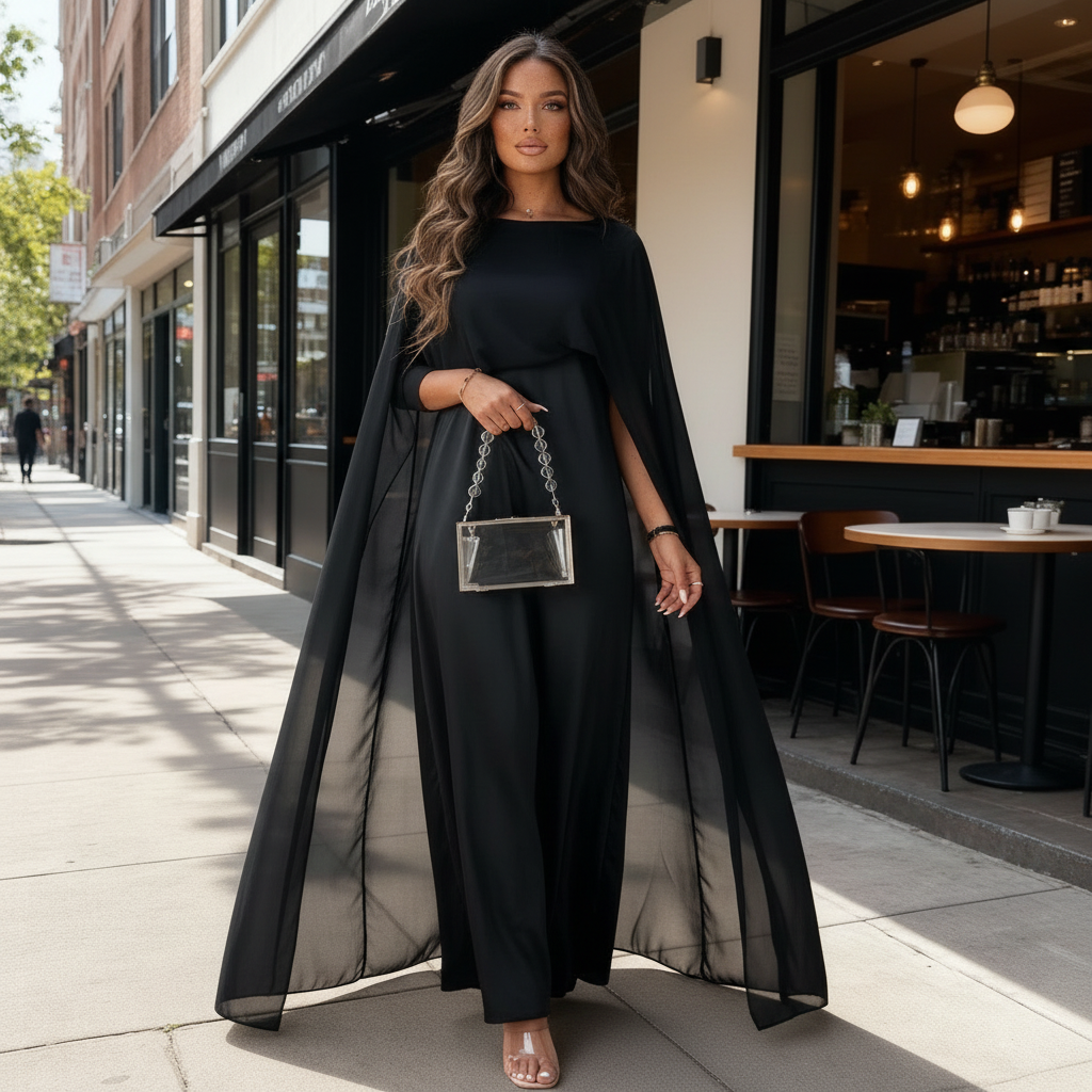Damen Maxikleid mit Cape-Overlay - Drapiert & im Seidigen-Stil