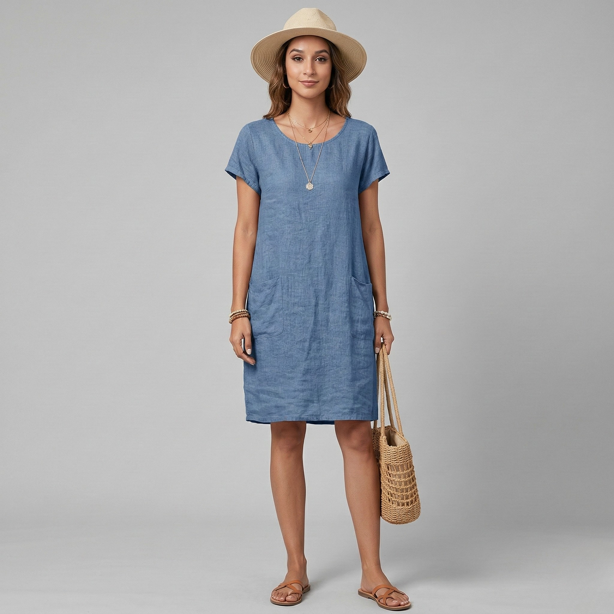 Damen Leinen-Minikleid - Kurzarm & Taschen