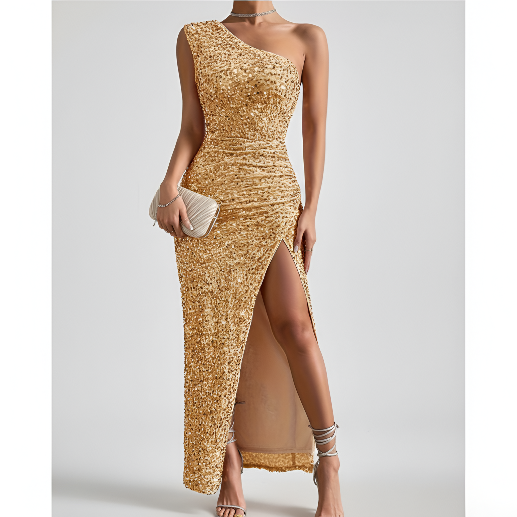 Damen One-Shoulder-Maxikleid - Pailletten-Stil mit hohem Schlitz