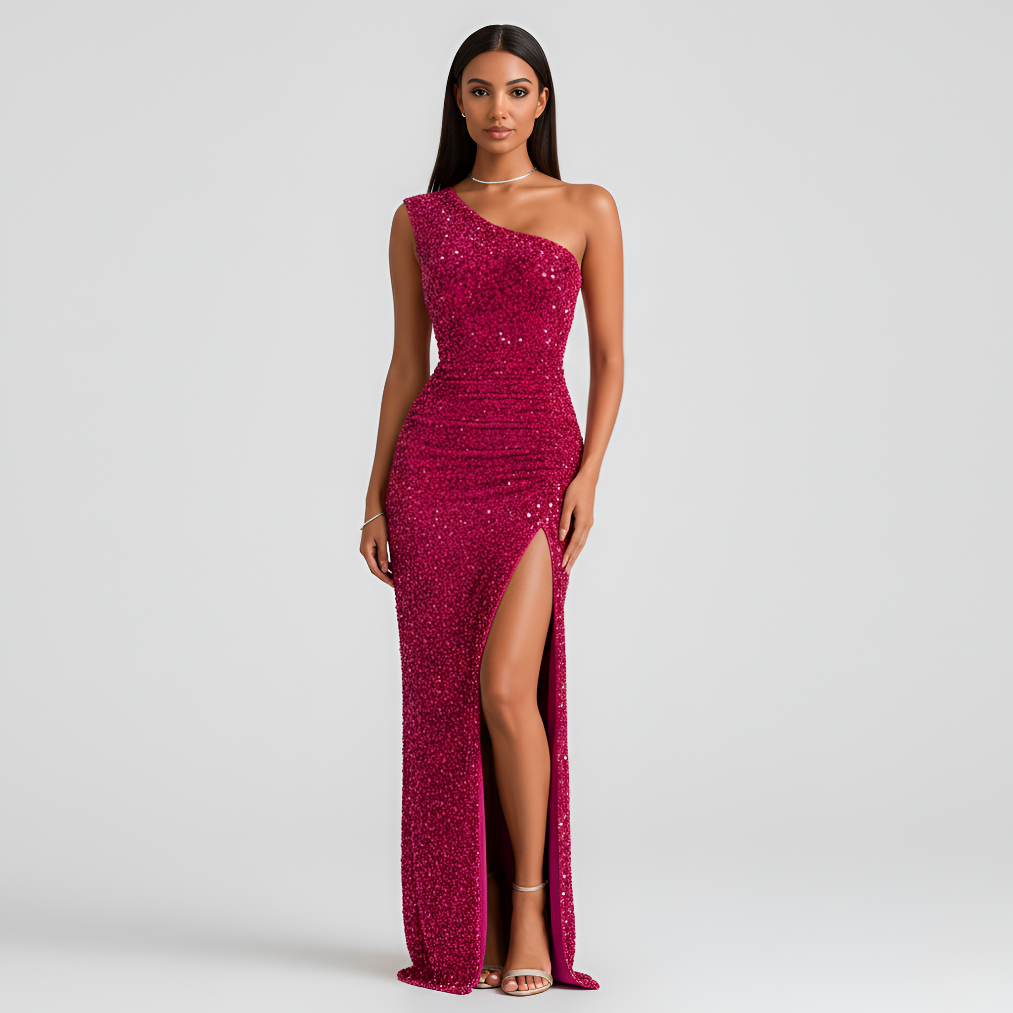 Damen One-Shoulder-Maxikleid - Pailletten-Stil mit hohem Schlitz