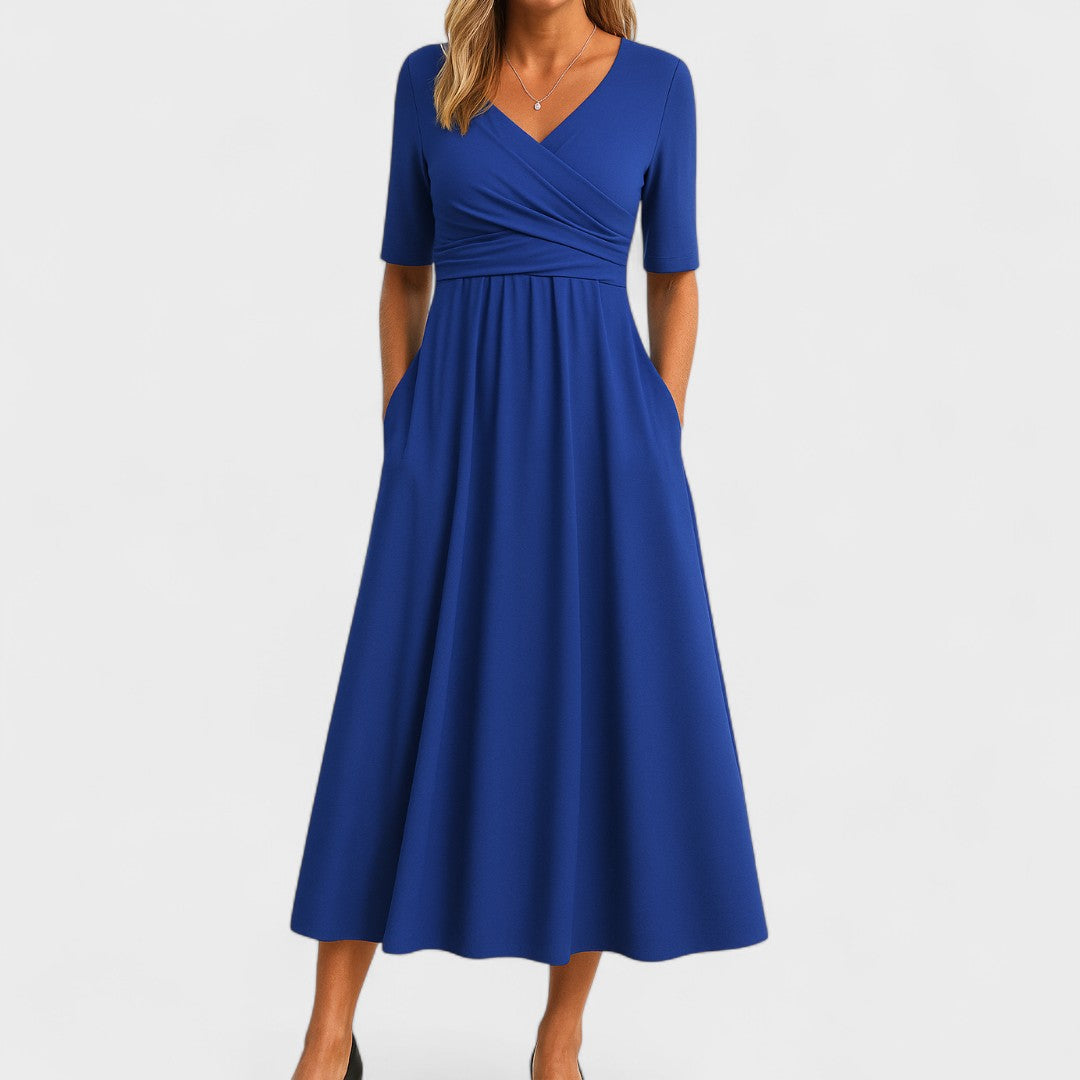 Damen A-Linie Midi Hochzeitsgastkleid V-Ausschnitt und Kurzen Ärmeln