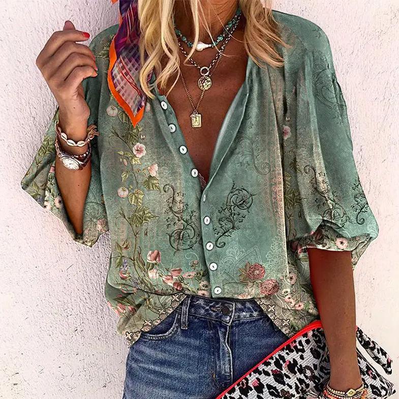 Damen Boho Print Bluse V-Ausschnitt und Knopfleiste