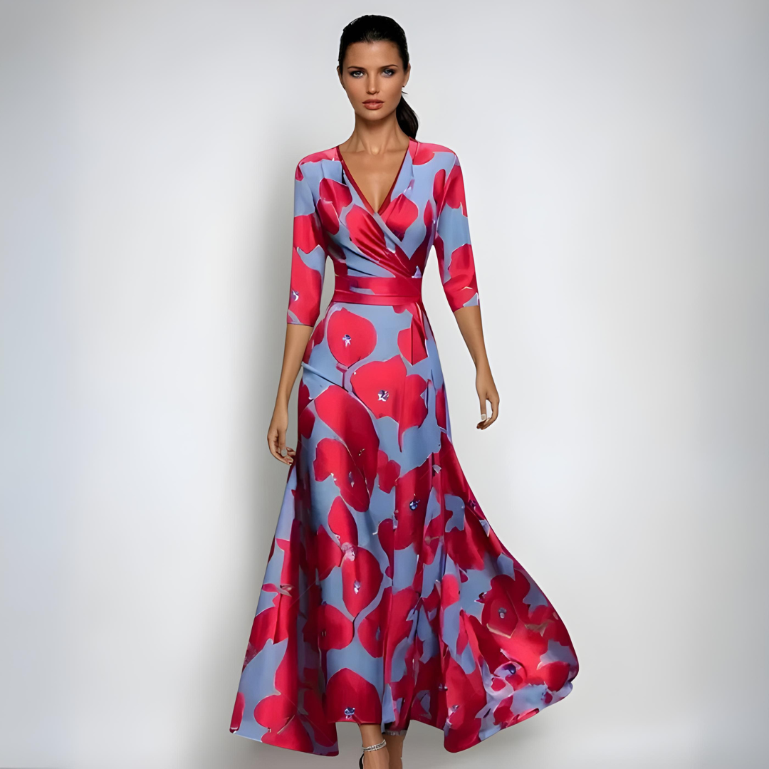 Damen Bedrucktes Maxikleid - 3/4 Arm & Wickel-V-Ausschnitt