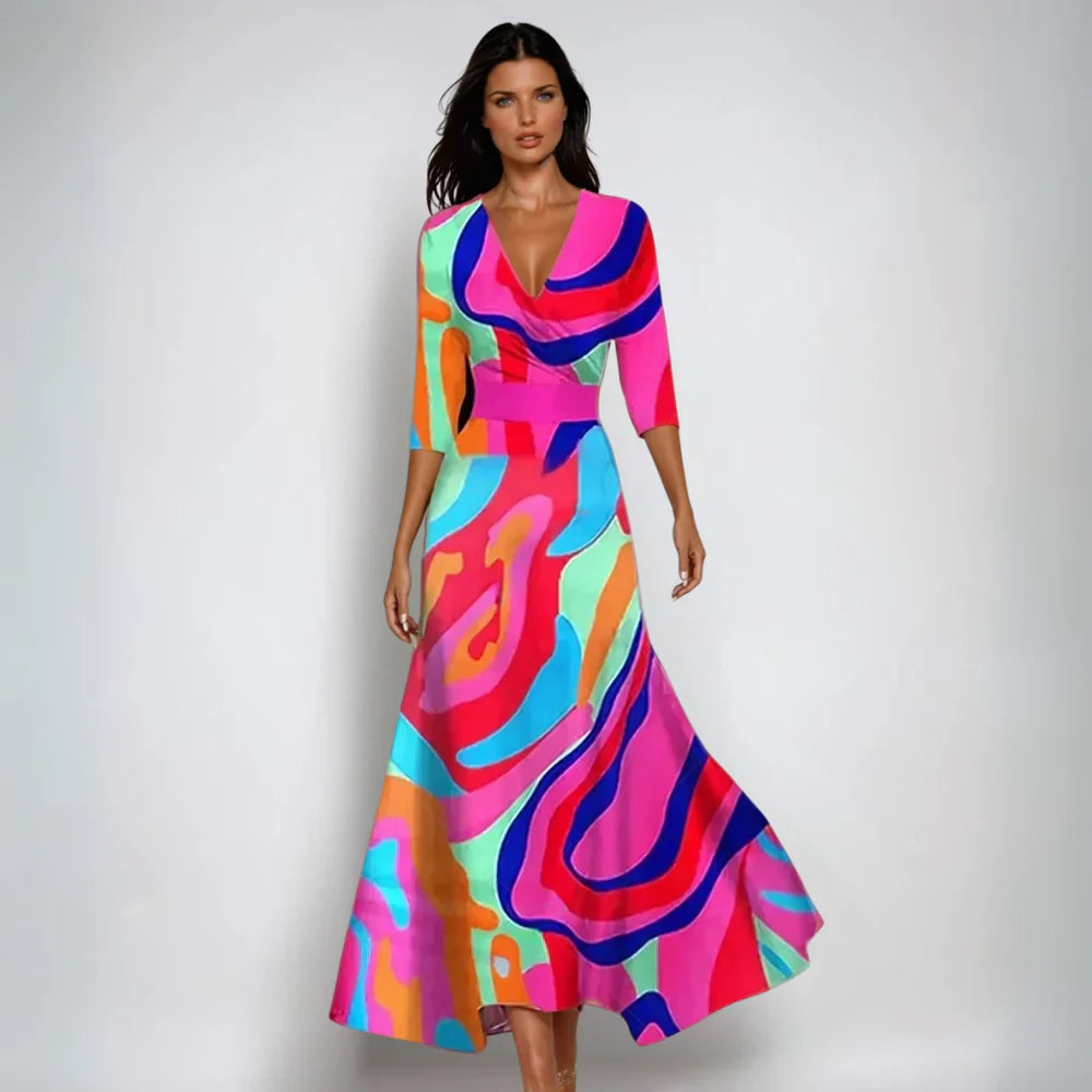 Damen Bedrucktes Maxikleid - 3/4 Arm & Wickel-V-Ausschnitt