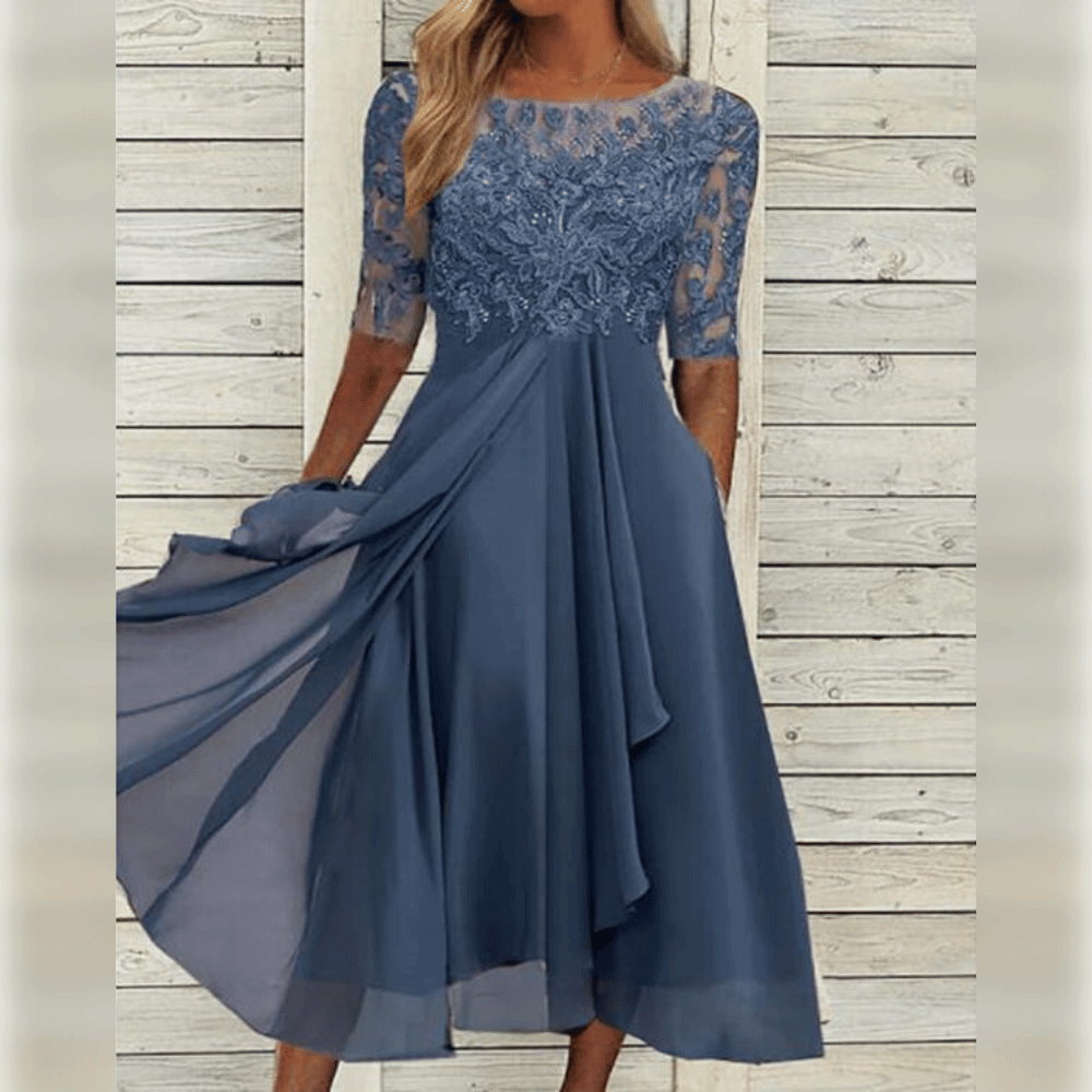 Damen Midi Hochzeitskleid - Bestickt mit 3/4-Ärmeln