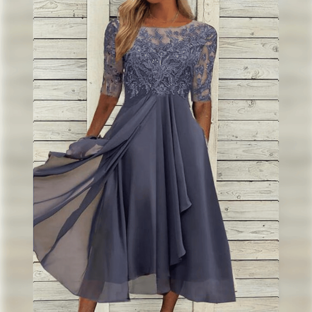 Damen Midi Hochzeitskleid - Bestickt mit 3/4-Ärmeln