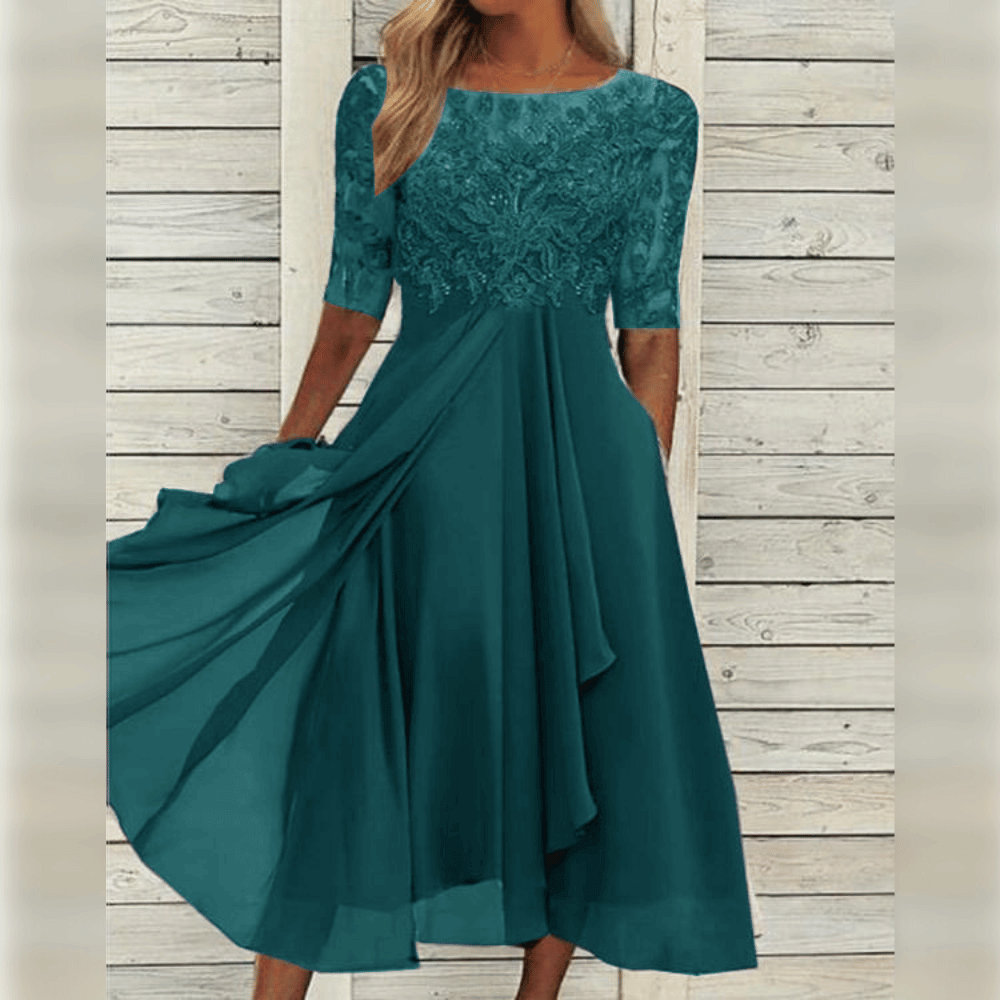 Damen Midi Hochzeitskleid - Bestickt mit 3/4-Ärmeln