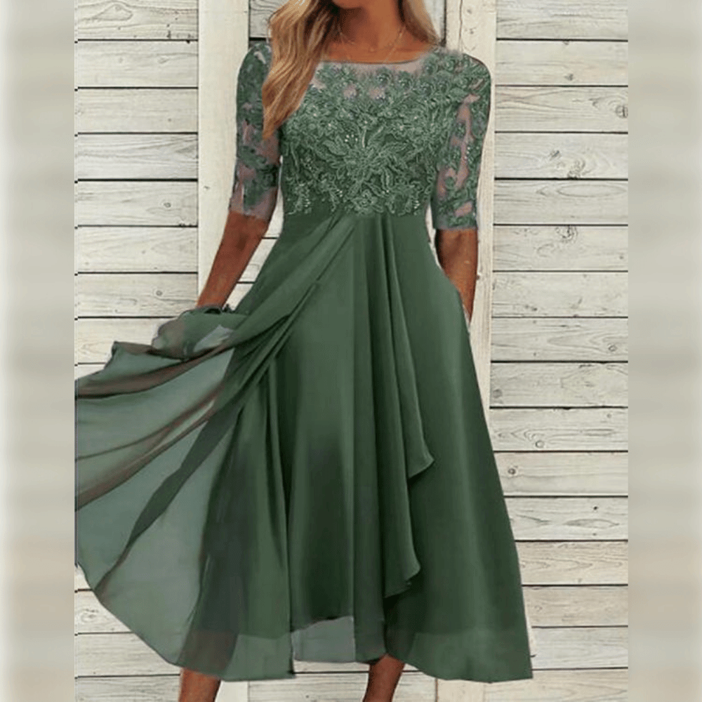 Damen Midi Hochzeitskleid - Bestickt mit 3/4-Ärmeln