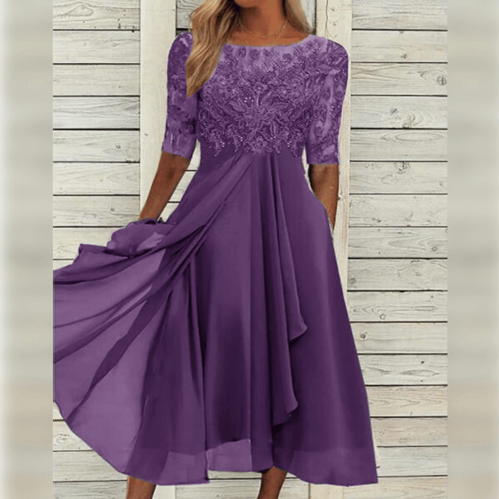 Damen Midi Hochzeitskleid - Bestickt mit 3/4-Ärmeln