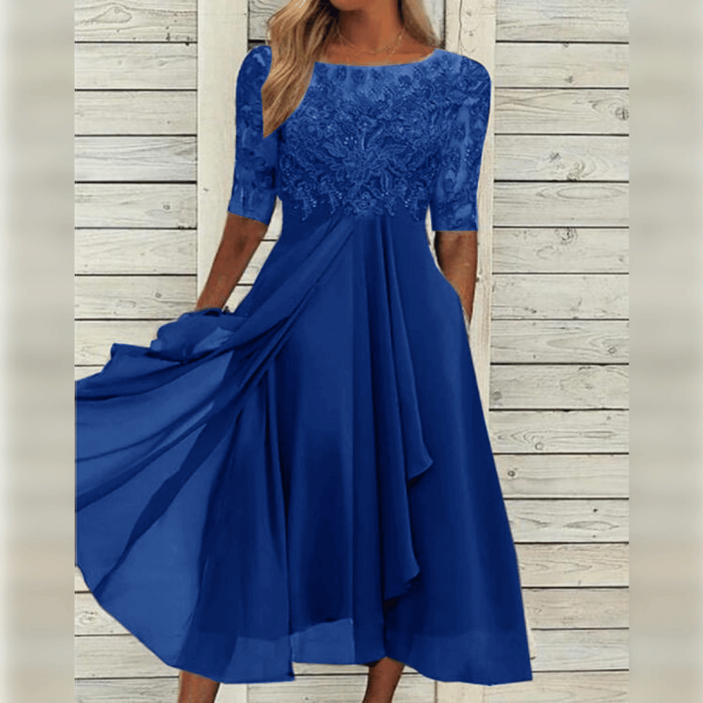 Damen Midi Hochzeitskleid - Bestickt mit 3/4-Ärmeln