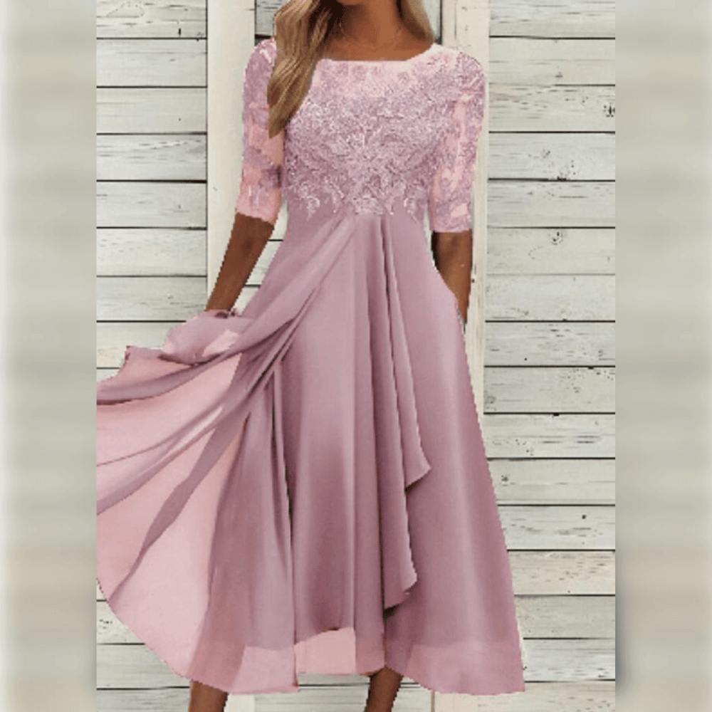Damen Midi Hochzeitskleid - Bestickt mit 3/4-Ärmeln