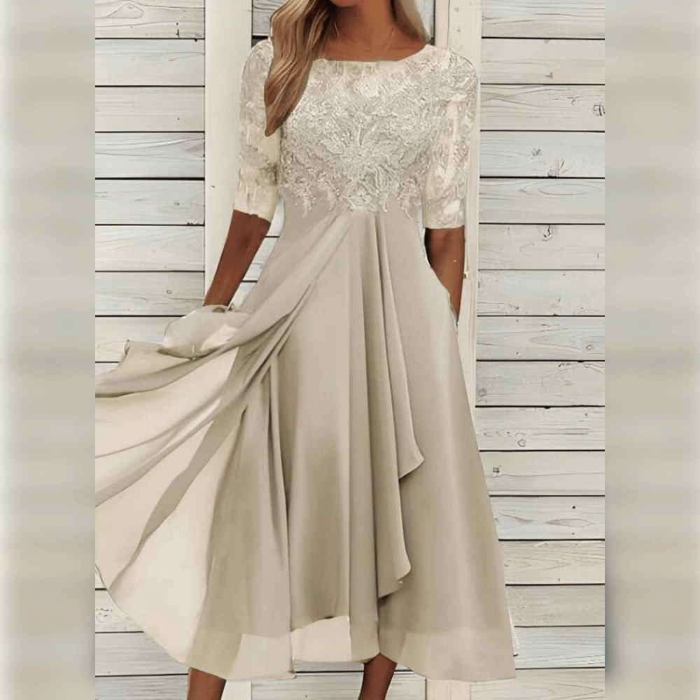 Damen Midi Hochzeitskleid - Bestickt mit 3/4-Ärmeln