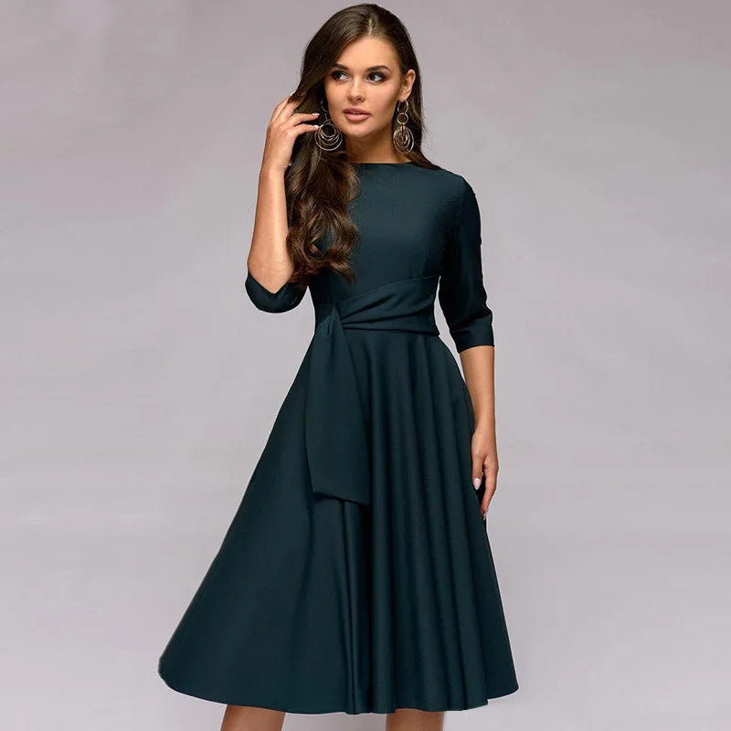 Damen Grünes Midikleid - Bindegürtel & A-Linien-Stil