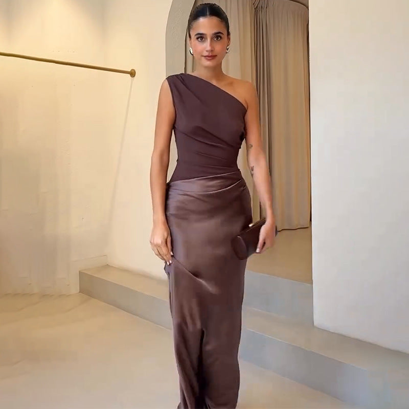 Damen-Ein-Schulter-Maxikleid - Raffungs-Stil & Schmale Passform
