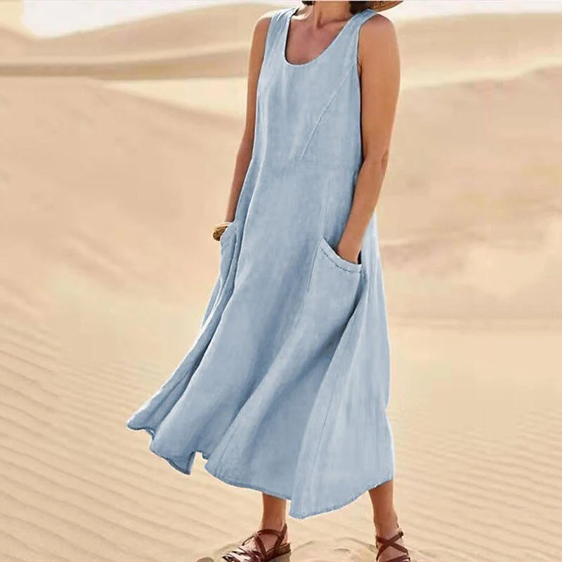 Damen Leinen Midi-Kleid - Ärmellos mit Taschen