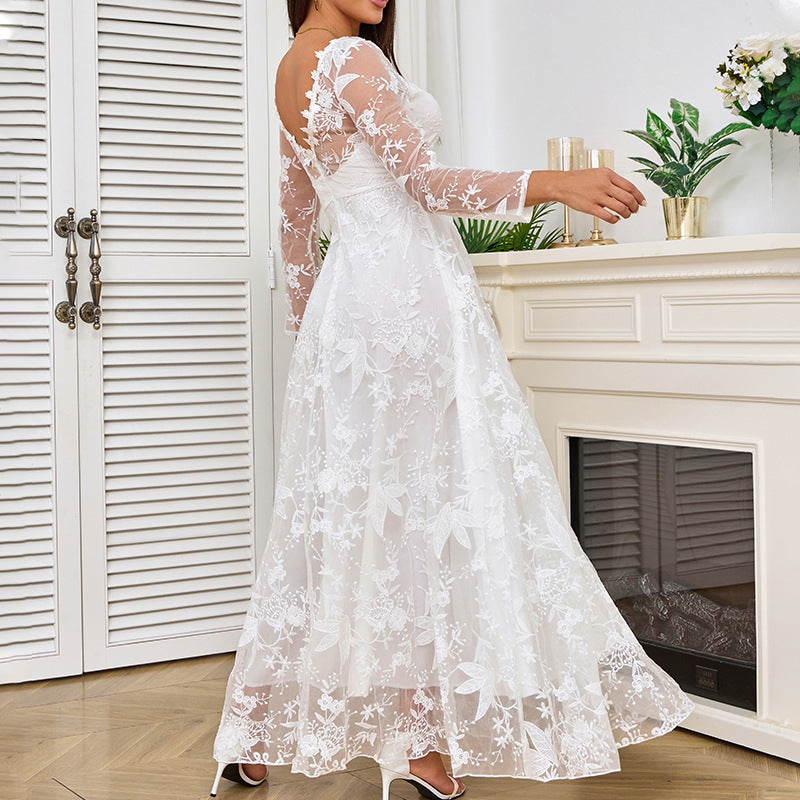 Damen Langarm-Maxikleid - A-Linien-Stil & Blumige Stickerei