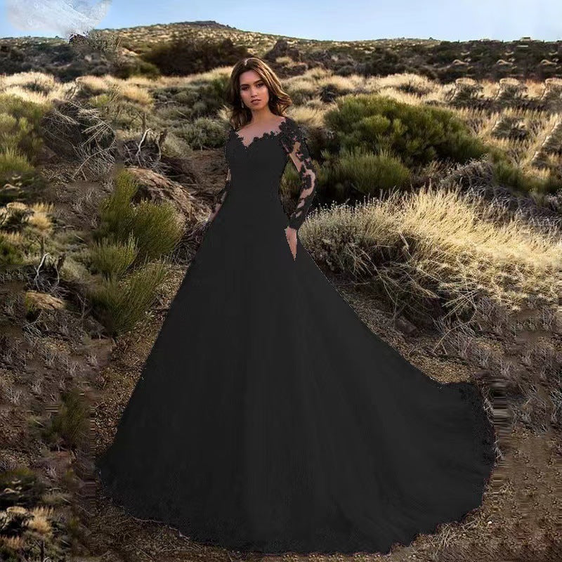 Damen Langarm-Maxikleid - A-Linien-Stil & Blumige Stickerei