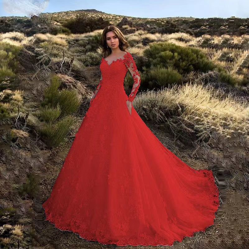 Damen Langarm-Maxikleid - A-Linien-Stil & Blumige Stickerei