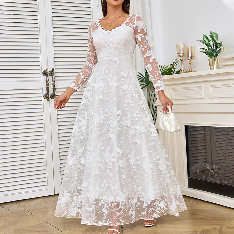 Damen Langarm-Maxikleid - A-Linien-Stil & Blumige Stickerei