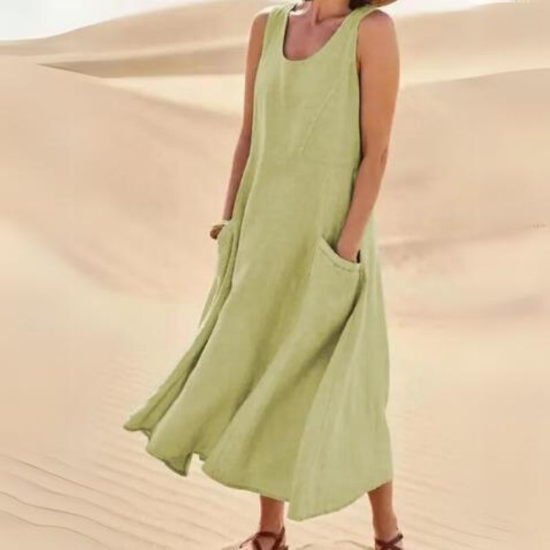 Damen Leinen Midi-Kleid - Ärmellos mit Taschen