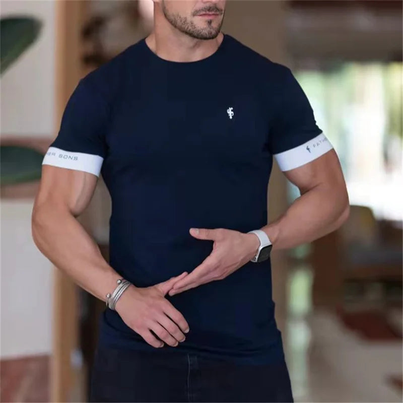 Herren Slim Fit T-Shirt Rundhalsausschnitt Rippbündchen Basic