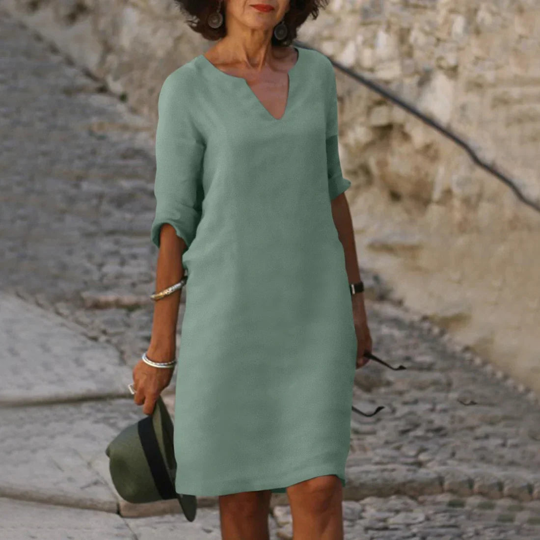 Damen Leinen Midikleid - 3/4-Ärmeln & Lockere Passform