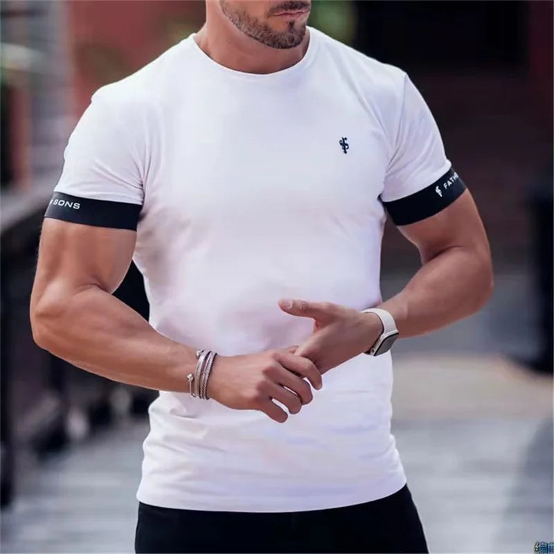 Herren Slim Fit T-Shirt Rundhalsausschnitt Rippbündchen Basic