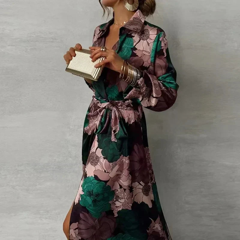 Damen Dunkelgrünes Floral-Maxikleid - Gürtel mit Laternenärmeln