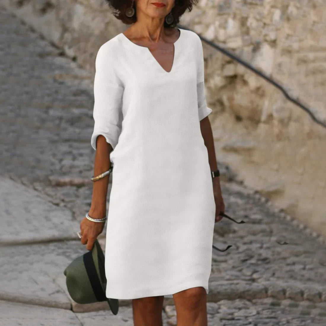 Damen Leinen Midikleid - 3/4-Ärmeln & Lockere Passform