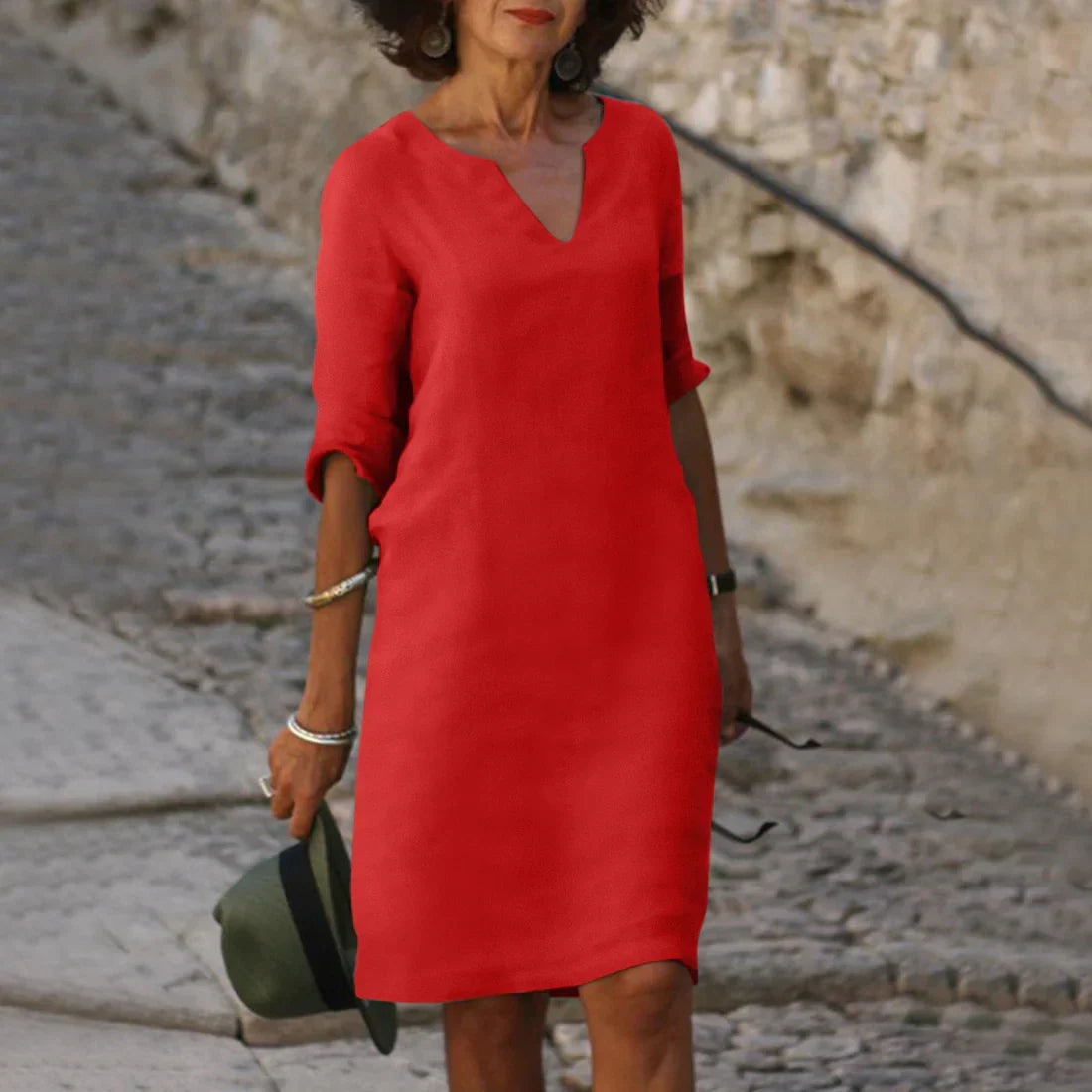 Damen Leinen Midikleid - 3/4-Ärmeln & Lockere Passform