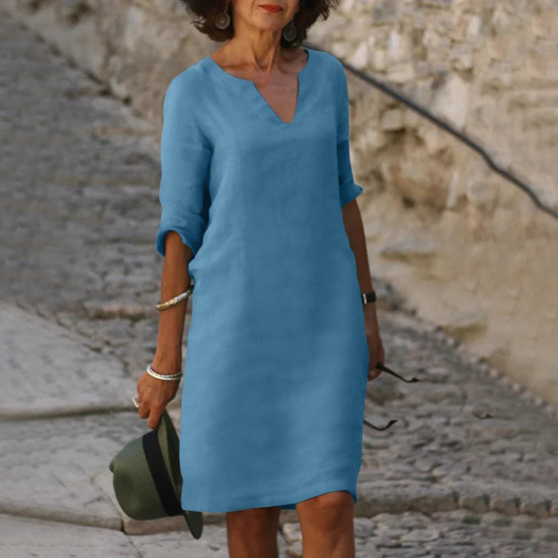 Damen Leinen Midikleid - 3/4-Ärmeln & Lockere Passform
