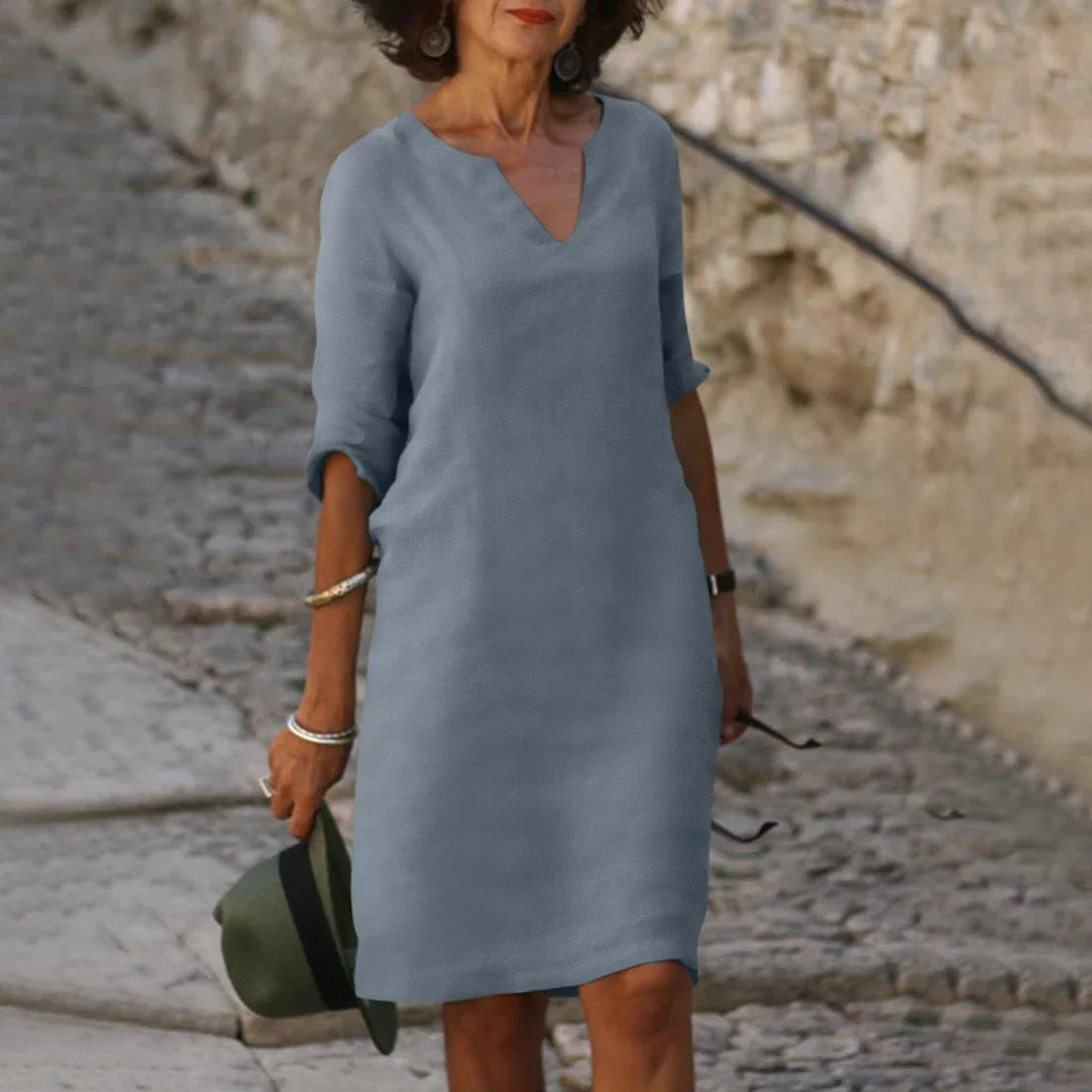 Damen Leinen Midikleid - 3/4-Ärmeln & Lockere Passform