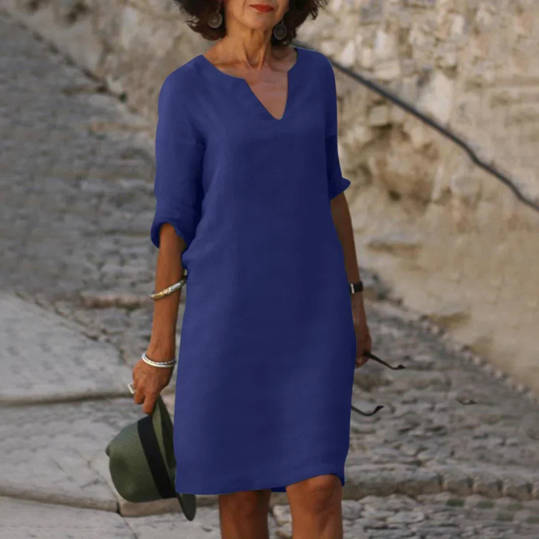 Damen Leinen Midikleid - 3/4-Ärmeln & Lockere Passform