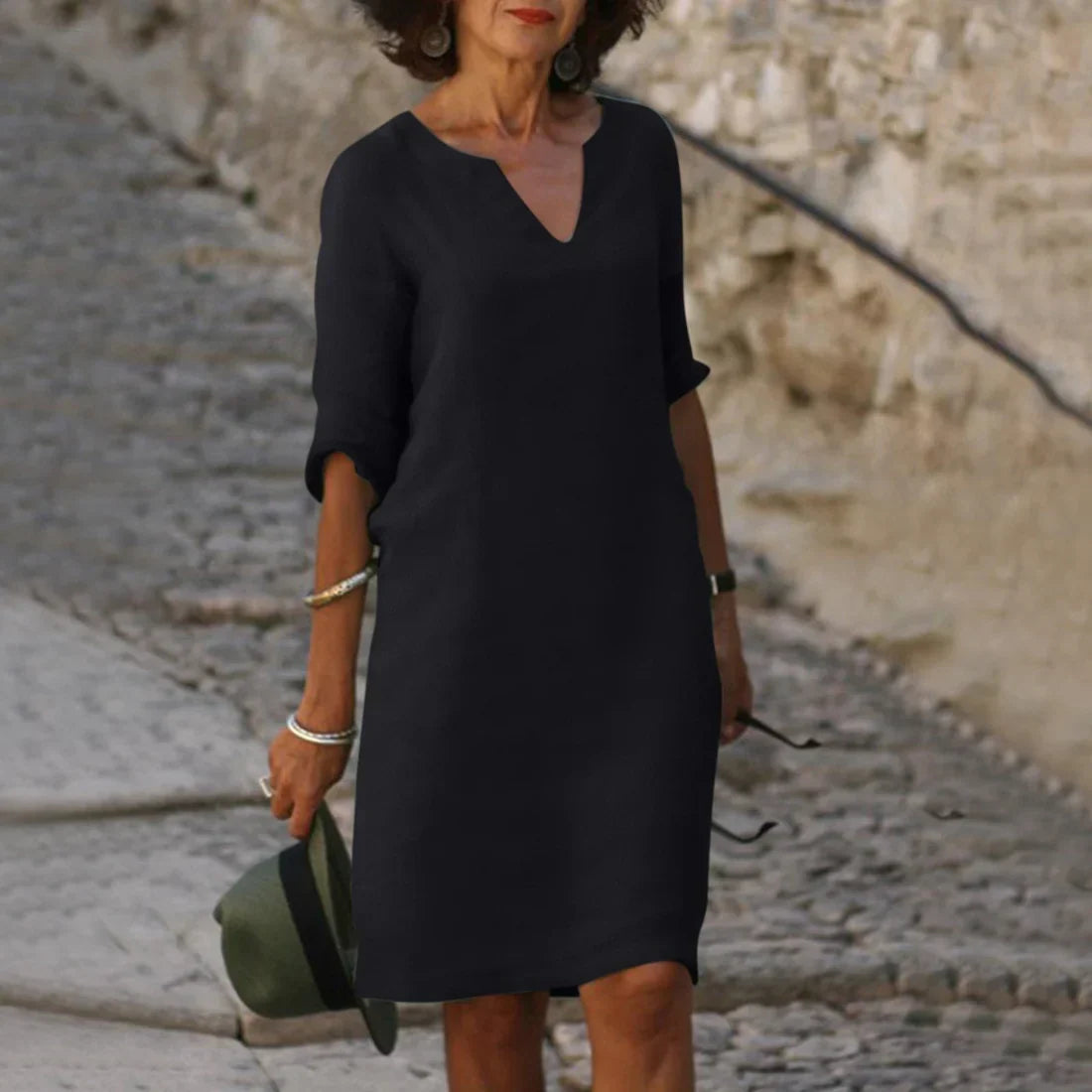 Damen Leinen Midikleid - 3/4-Ärmeln & Lockere Passform