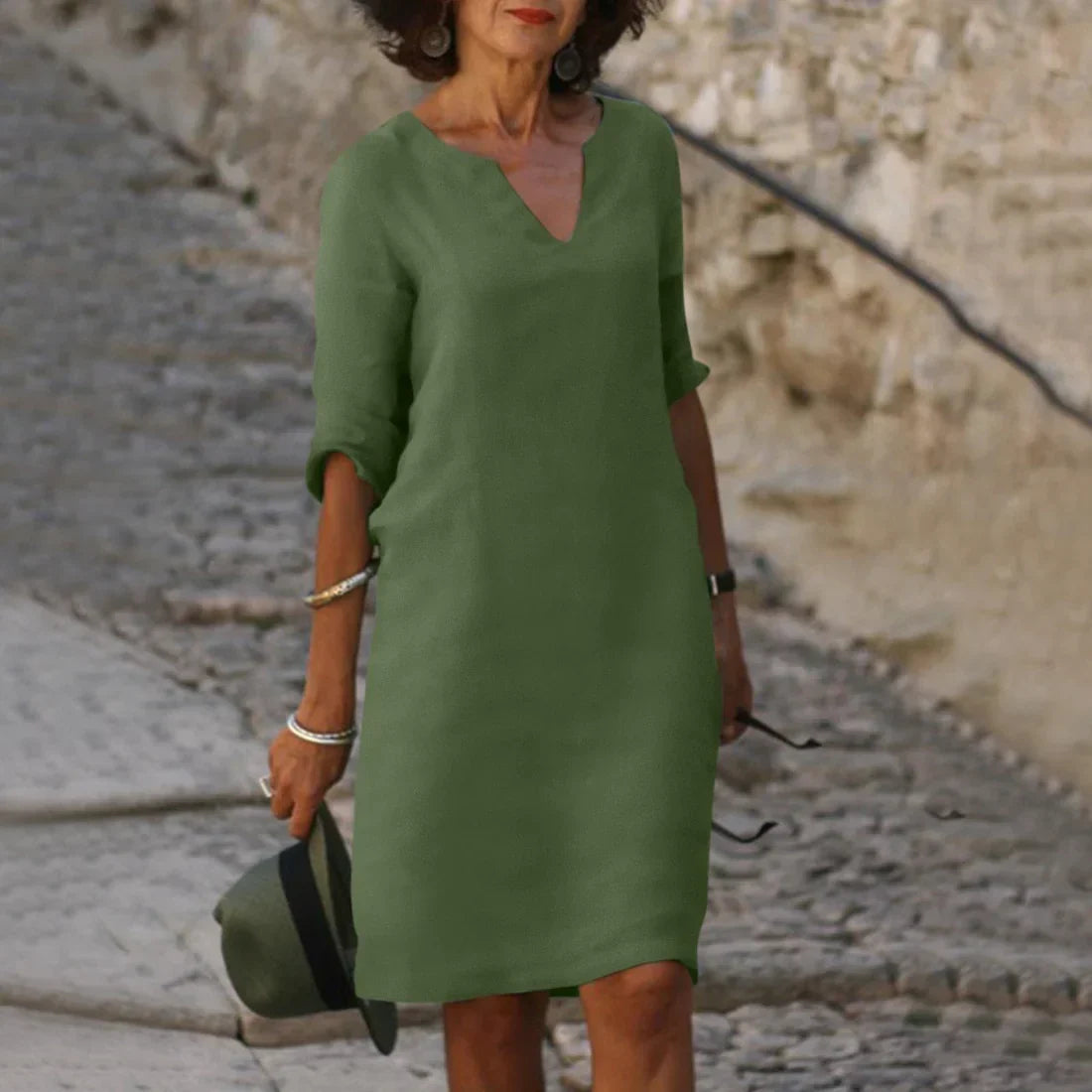 Damen Leinen Midikleid - 3/4-Ärmeln & Lockere Passform