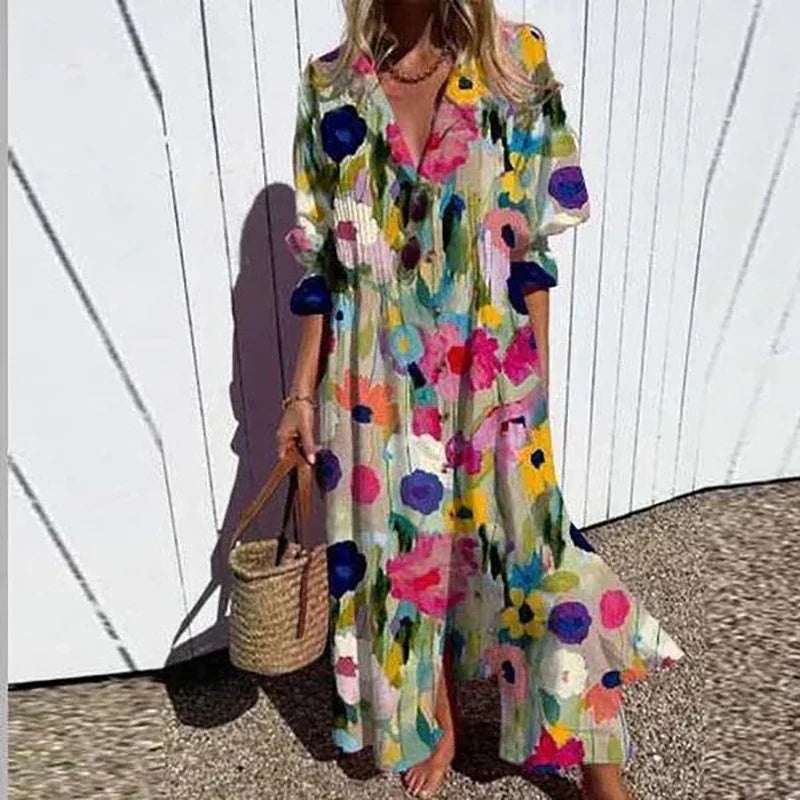 Damen-Blumen-Maxikleid - Durchgeknöpft mit Reverskragen