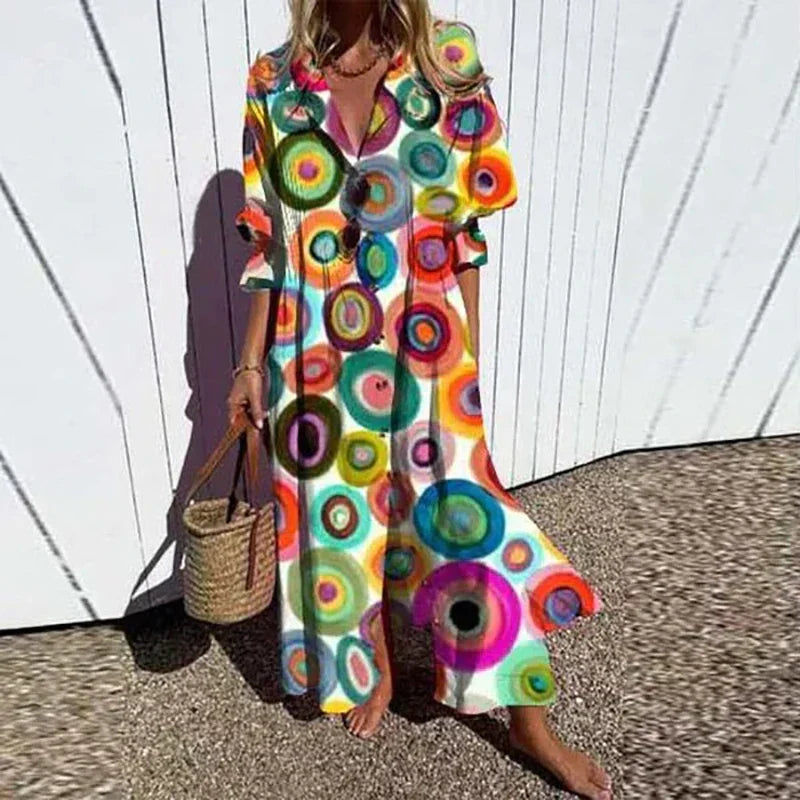 Damen-Blumen-Maxikleid - Durchgeknöpft mit Reverskragen