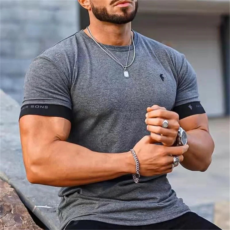 Herren Slim Fit T-Shirt Rundhalsausschnitt Rippbündchen Basic