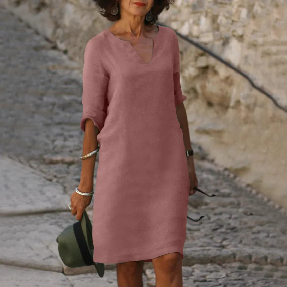 Damen Leinen Midikleid - 3/4-Ärmeln & Lockere Passform