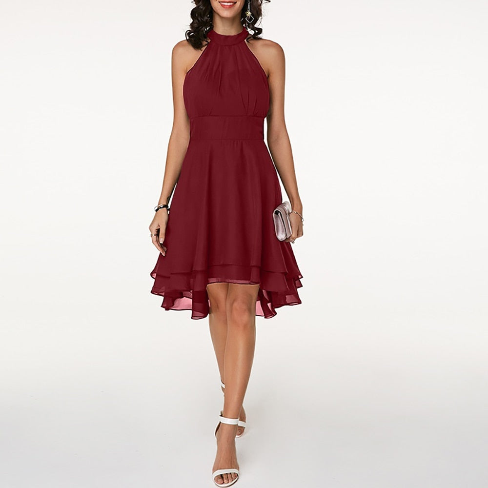 Damen Halterneck-Minikleid - Lagen-Saum mit Smok-Taille