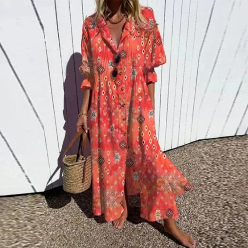 Damen-Blumen-Maxikleid - Durchgeknöpft mit Reverskragen