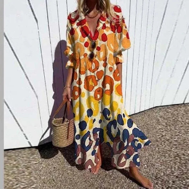 Damen-Blumen-Maxikleid - Durchgeknöpft mit Reverskragen