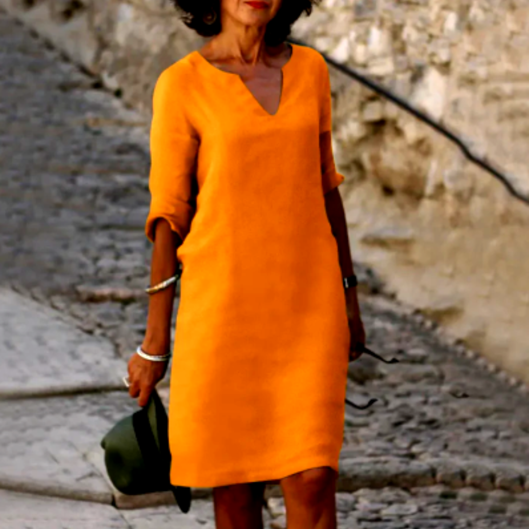 Damen Leinen Midikleid - 3/4-Ärmeln & Lockere Passform
