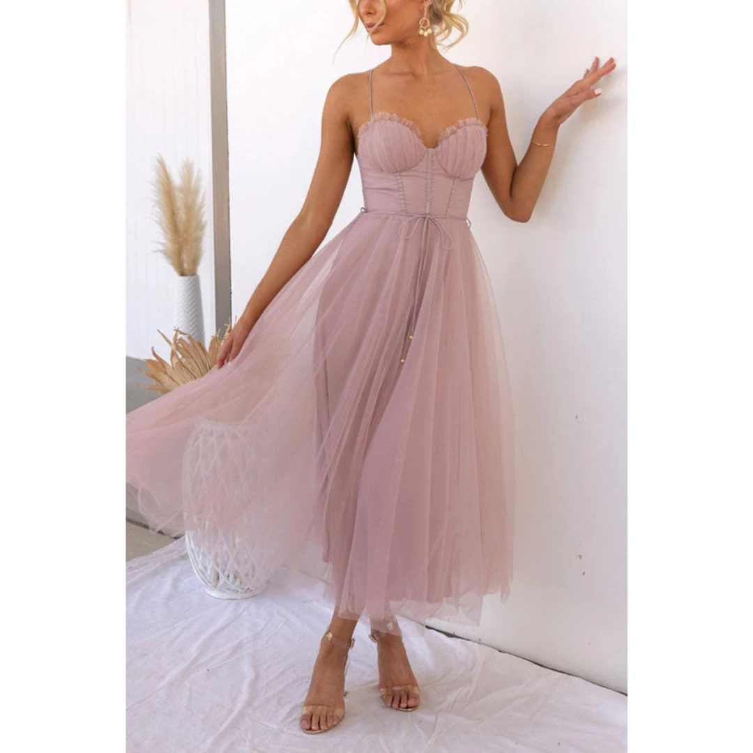 Damen Midi Hochzeitsgastkleid Korsett-Stil Spaghetti-Trägern und Tüllrock