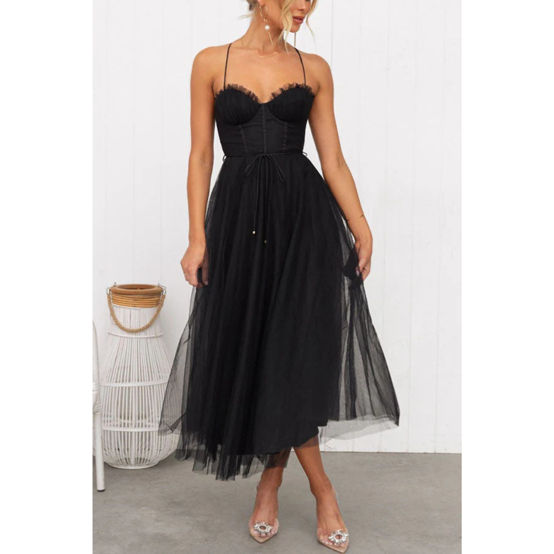 Damen Midi Hochzeitsgastkleid Korsett-Stil Spaghetti-Trägern und Tüllrock