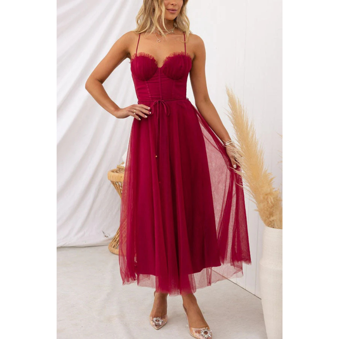 Damen Midi Hochzeitsgastkleid Korsett-Stil Spaghetti-Trägern und Tüllrock