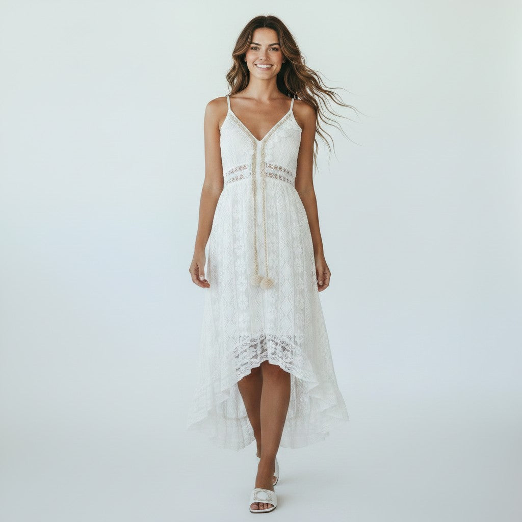Damen Weißes Sommer Maxi Boho-Kleid Eleganter V-Ausschnitt und Komfortable Passform